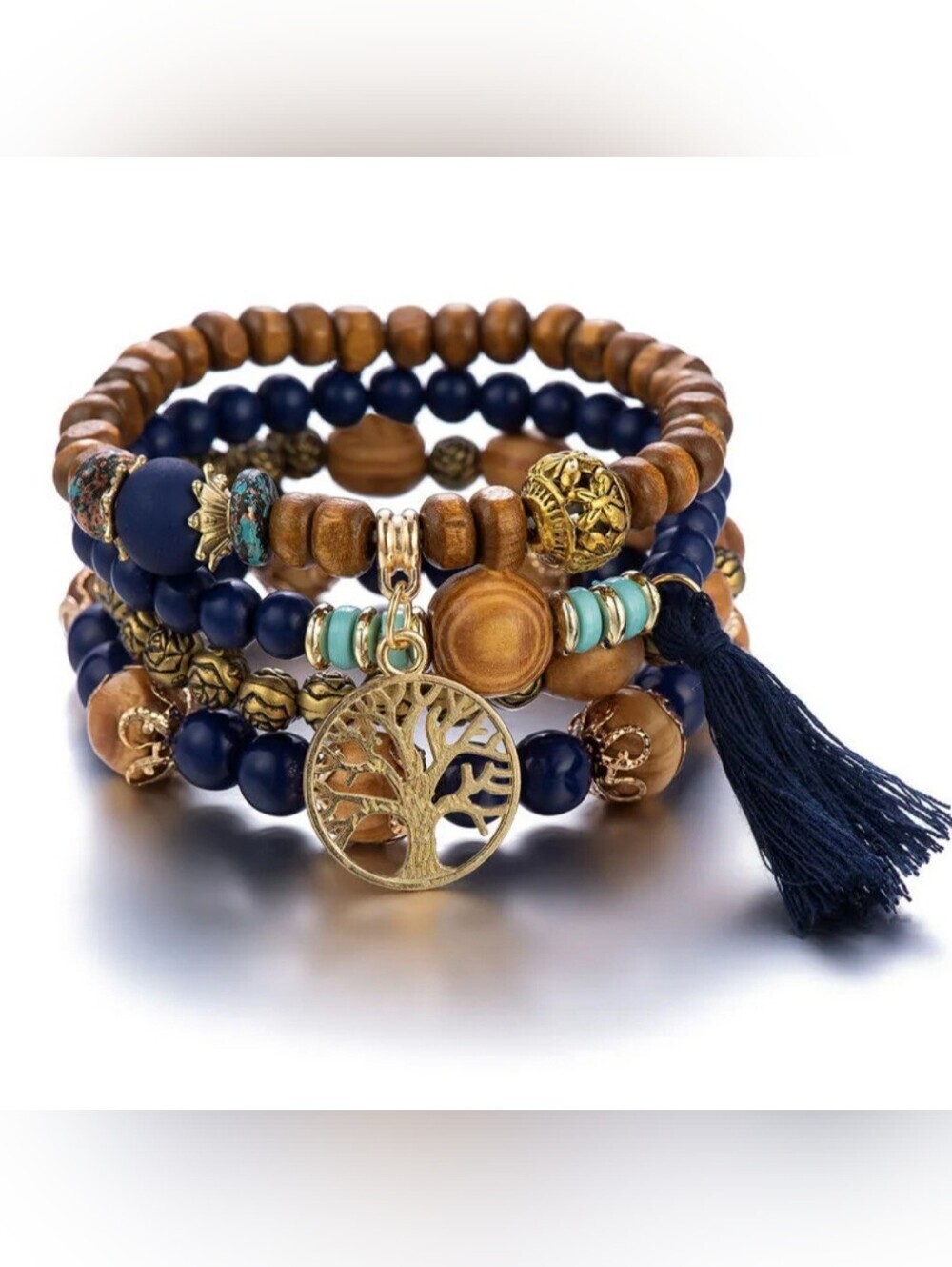 Tree Of Life Blue Beaded Layered Bracelet Set Tassel